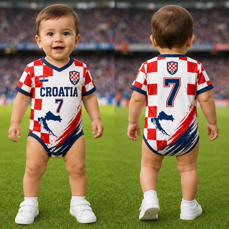 May include: A baby bodysuit featuring the red and white checkered pattern of the Croatian flag. The front displays the text CROATIA, the number 7, and a map outline. The back features the number 7 and a small crest. The design includes blue accents.