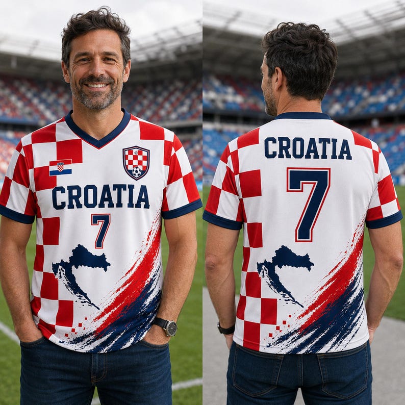 May include: A white and red checkered soccer jersey featuring the text CROATIA and the number 7 in dark blue. The front displays a small Croatian flag, a crest, and a dark blue map graphic with brushstroke accents. The back repeats the text and number.