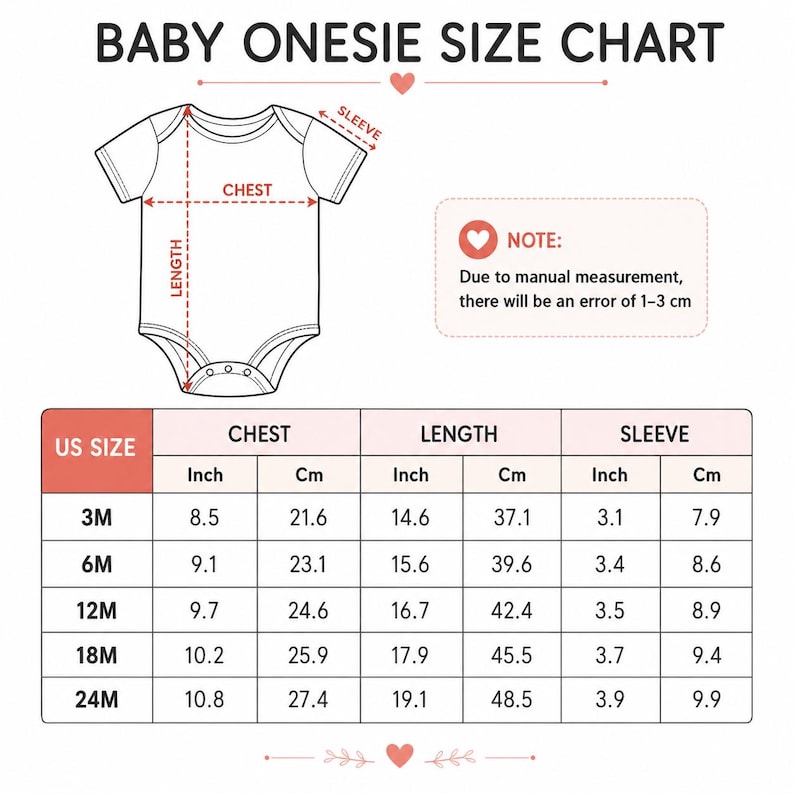 May include: A baby onesie size chart featuring a line drawing of a short-sleeved bodysuit with arrows indicating chest, length, and sleeve measurements. A table lists US sizes from 3M to 24M with corresponding dimensions in inches and centimeters.