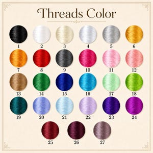 May include: A color chart titled "Threads Color" displays 27 thread color options in numbered circular swatches. Colors include black, white, gold, red, pink, green, blue, and purple. The chart is designed to showcase thread colors.
