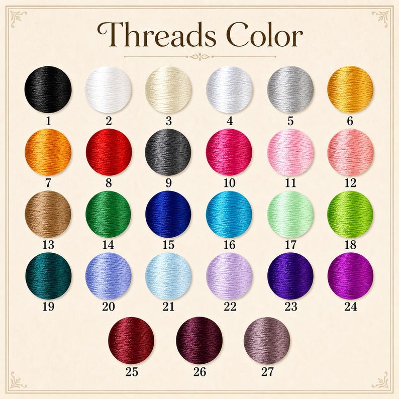 May include: A color chart titled "Threads Color" displays 27 thread color options in numbered circular swatches. Colors include black, white, gold, red, pink, green, blue, and purple. The chart is designed to showcase thread colors.