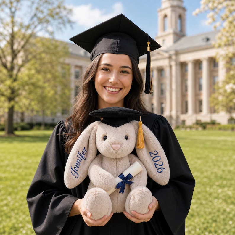 May include: A smiling graduate in a black cap and gown holds a plush bunny wearing a miniature graduation cap. The bunny has "Jennifer" embroidered on one ear and "2026" on the other, with a rolled diploma and blue ribbon.