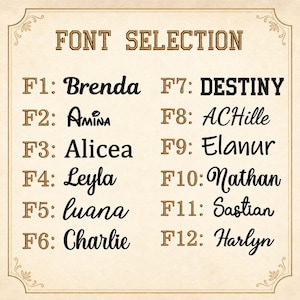 May include: A beige background displays a "FONT SELECTION" graphic. Twelve font styles are shown, each with a name and a corresponding number. The fonts vary in style, from elegant cursive to bold block letters.