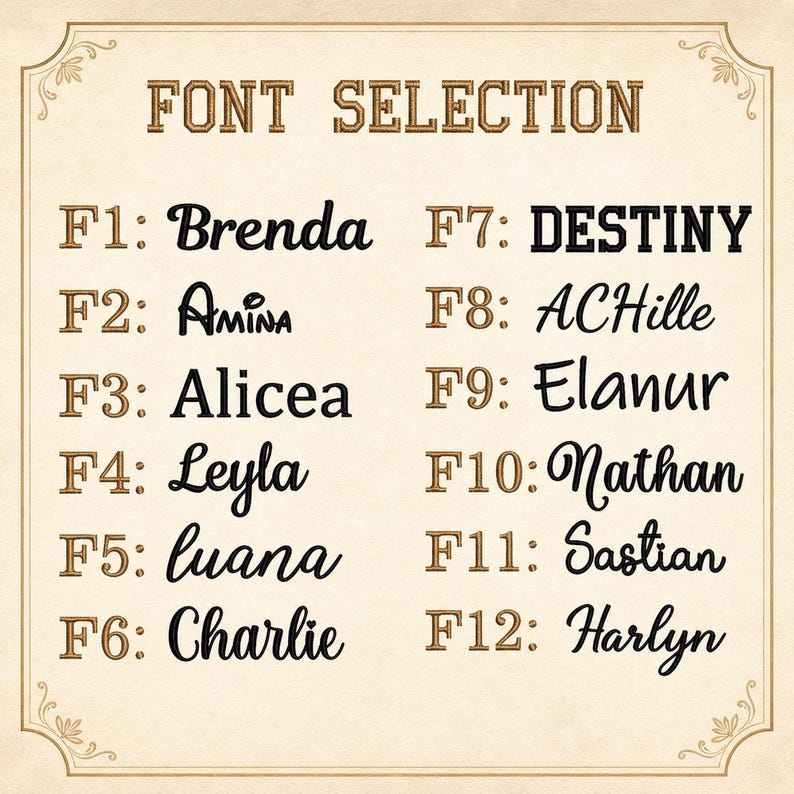 May include: A beige background displays a "FONT SELECTION" graphic. Twelve font styles are shown, each with a name and a corresponding number. The fonts vary in style, from elegant cursive to bold block letters.