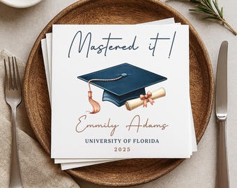 Graduation Party Napkins Personalized 2026, Mastered It Grad Napkins, Custom College Graduation Dinner Napkins, Graduate School Party Decor