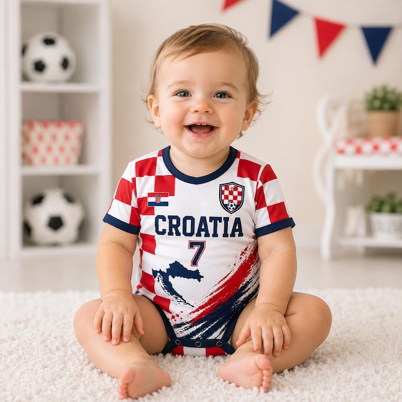 May include: A short-sleeved baby bodysuit featuring the red and white checkered pattern of the Croatian flag. The garment displays the text CROATIA, the number 7, a small national flag, a crest, and a dark blue map silhouette on a white background.