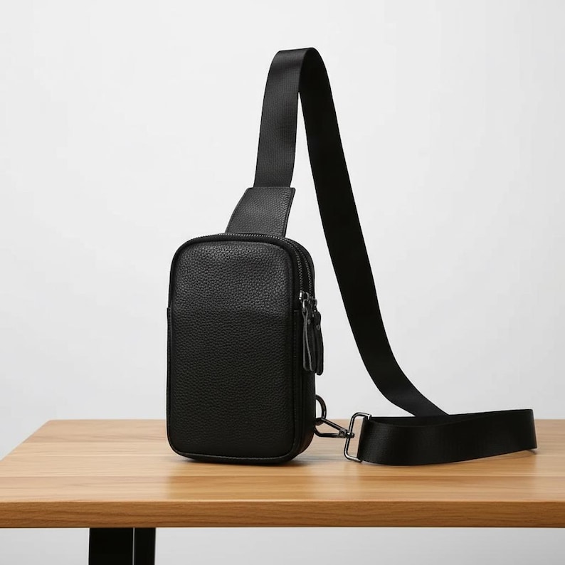 May include: Black crossbody bag with a textured leather-like finish. The bag features a rectangular shape with a zippered main compartment and a smaller front pocket. It has a long, adjustable black strap and a metal clasp.