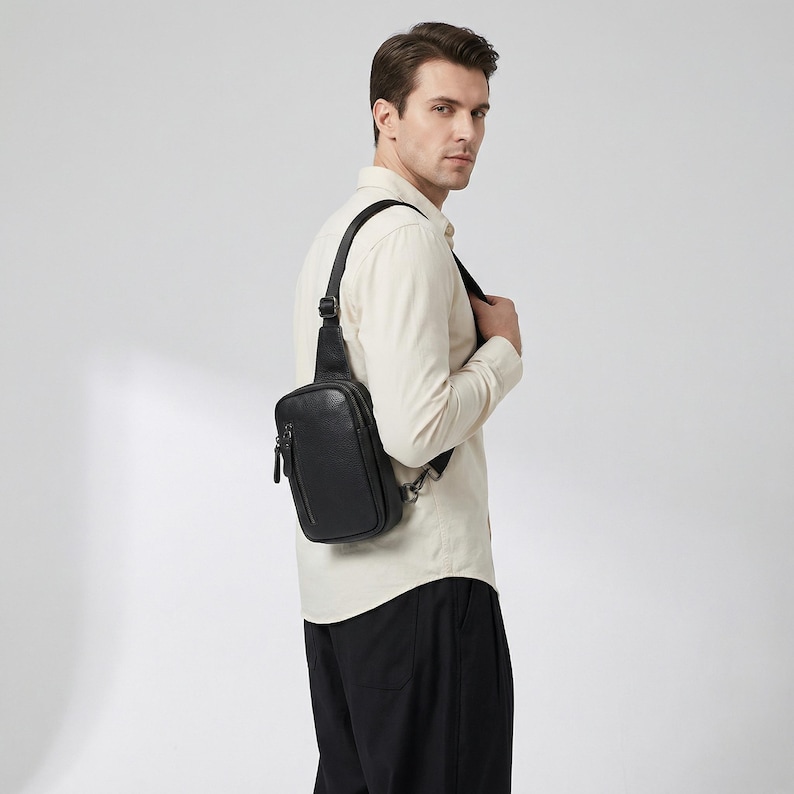 May include: A black leather sling bag with a zippered main compartment and adjustable shoulder strap. The bag is worn across the body. The bag is approximately 10 inches tall and 6 inches wide.
