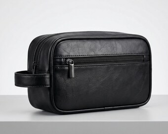 Men Leather Cosmetic Bag | Large Capacity Travel Toiletry Organizer | Multi Pocket Handheld Grooming Bag