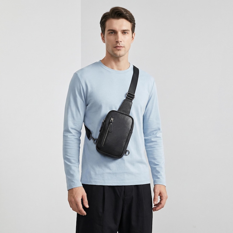 May include: A black leather sling bag with a zippered main compartment and adjustable strap. The bag is worn across the body. The person in the image is wearing a light blue long-sleeve shirt and black pants.