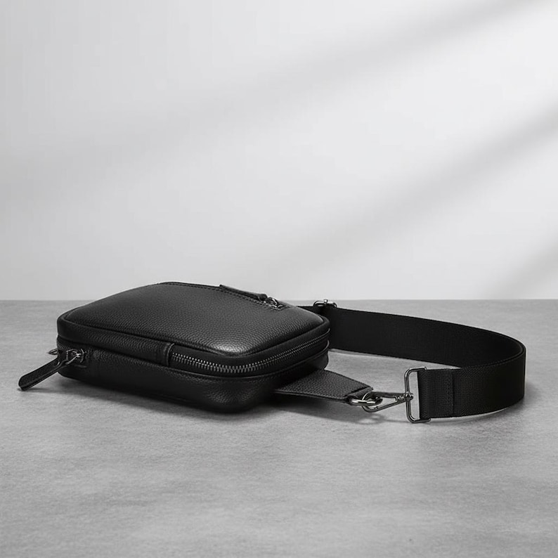 May include: A black leather crossbody bag with a rectangular shape and a zippered main compartment. The bag features a long, adjustable black strap and silver-toned hardware. The bag is designed to be worn across the body.