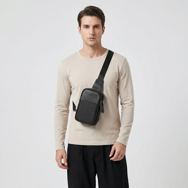 May include: A black leather sling bag with a textured front panel and a long, adjustable strap. The bag is worn across the body and has a zippered compartment. The bag is approximately 10 inches tall and 6 inches wide.