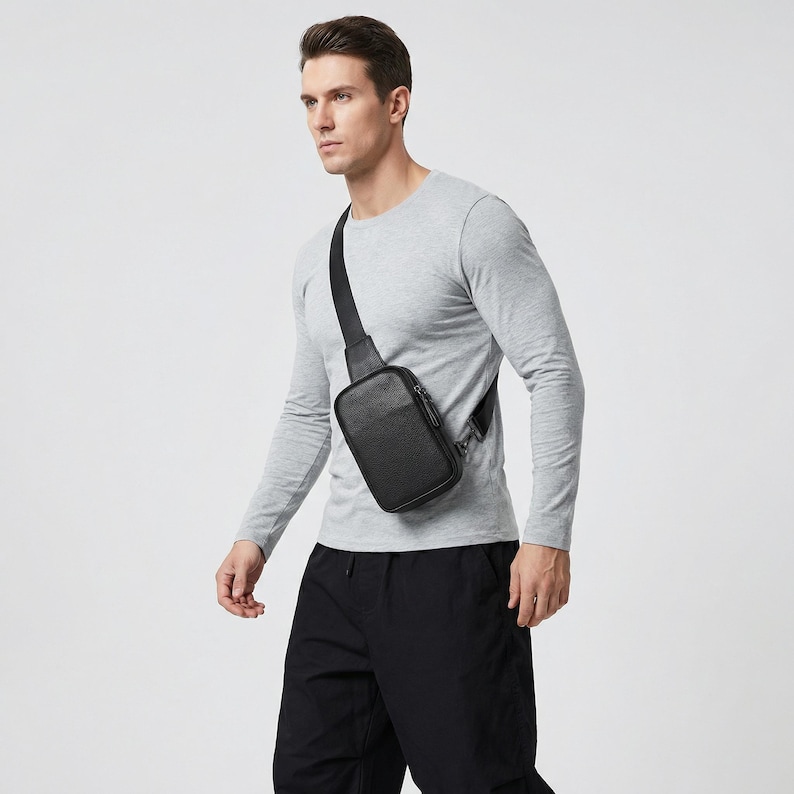 May include: A black crossbody bag with a rectangular shape and a zippered front pocket. The bag is worn over the shoulder with a black strap. The person in the image is wearing a gray long-sleeve shirt and black pants.