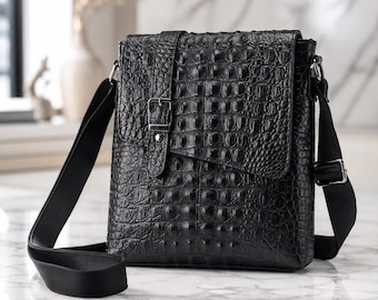 Genuine Leather Crocodile Embossed Messenger Bag | Black Travel Satchel for Men