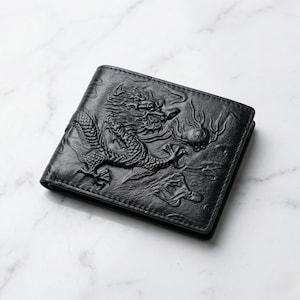 Leren drakenportemonnee heren | Gevouwen portemonnee in vintagestijl| Smalle portemonnee voor kaarthouder