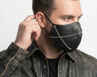 Mascarilla facial de estilo gótico para hombre con cadena / Mascarilla transpirable de piel sintética / Accesorio unisex de estilo urbano