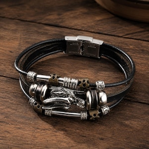 Mens Dragon Leather Bracelet | Multilayer Cuff Vintage Metal Accents, Gothic Biker Style