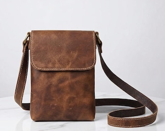 Genuine Leather Vintage Crossbody Bag | Compact Sling Phone Messenger