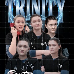 Könnte beinhalten: Ein zusammengesetztes Bild mit mehreren Porträts einer Person in schwarzer Uniform mit Stethoskop. Das Wort "TRINITY" wird in einer blauen, elektrischen Schriftart über den Porträts angezeigt. Der Name "Santos" steht unten in weißer Schrift.