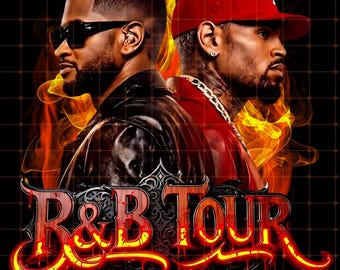 May include: Promotional image for the R&B Tour featuring Usher Raymond and Chris Brown. The image has a black background with flames and a grid pattern. The tour title is in red and yellow with a dripping effect.