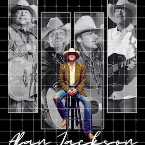 Puede incluir: Imagen promocional de Alan Jackson, artista de música country. La imagen es un collage con múltiples imágenes de Jackson, algunas en blanco y negro, y una en color. Lleva un sombrero de vaquero, una chaqueta marrón y vaqueros azules. El texto "Alan Jackson" está en la parte inferior.