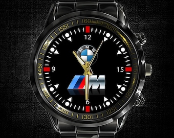 Orologio da polso BMW con nuovo quadrante e logo, in metallo e cinturino in pelle, con scatola inclusa.