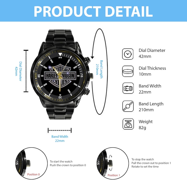 May include: Black Harley-Davidson watch with a black metal band. The watch face is black with gold accents and the Harley-Davidson logo. The dial diameter is 42mm, band width is 22mm, and band length is 210mm. The watch weighs 82g.