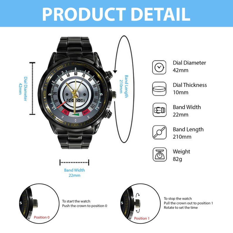 May include: Black wristwatch with a round face, featuring a silver and gold dial with multiple indicators. The watch has a 42mm dial diameter, 10mm dial thickness, 22mm band width, and a 210mm band length. The weight is 82g. The text "PRODUCT DETAIL" is at the top.