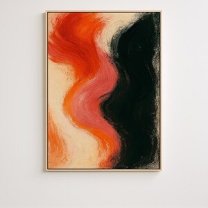 May include: Abstract art piece in a wooden frame. The artwork features a flowing design with vibrant colors. A wave of red and pink hues contrasts with a black section, all set against a cream background. The piece is a modern wall decor.