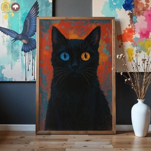 Black Cat Wallart, Odd Eyed Poster, Colorful Feline Decor, Heterochromia Cat Illustration, Digital Download