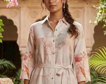 Linen Midi Dress, Floral Block Print, Casual V-Neck, Belted Sundress