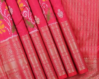 Handgewebter Sari aus 100 % reiner Ikat-Seide | Reiner handgewebter Kanchi-Seidensari – traditionelle südindische Tempelkleidung | Indischer Hochzeitssari und Seidenmarke