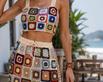 Boho Crochet Granny Square Skirt Set | Handmade Crop Top, Maxi Wrap Skirt, Festival Outfit