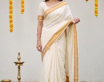 Onam Cotten saree|Tissue Cream Multicolor Kerala Heritage Print Onam Special Kerala Saree