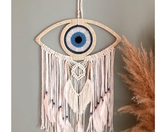Makramee Wandbehang, Boho Evil Eye Decor, Creme Gold Quasten, Wohnzimmer Akzent