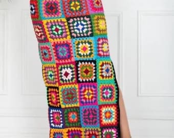 Handgehäkelter Oma-Quadrat-Maxirock | Boho-Festival-Baumwollkleidung