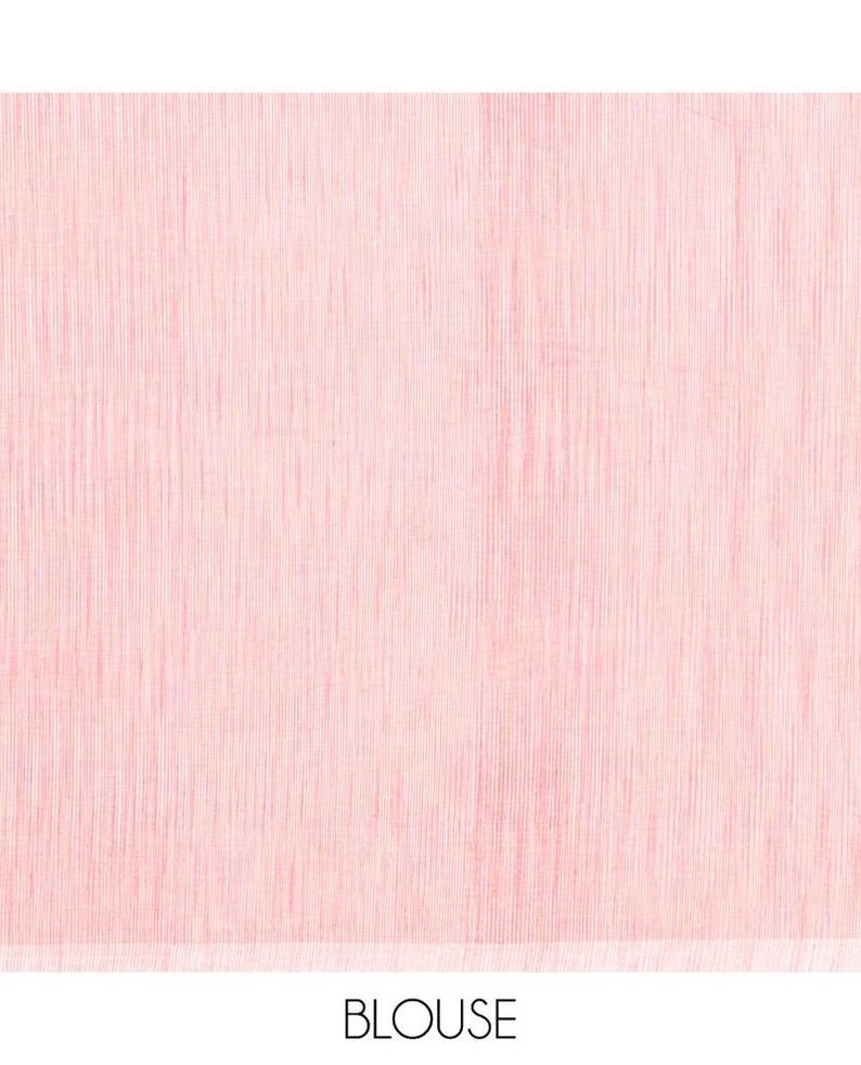 May include: A light pink fabric with a subtle vertical slub texture throughout the material. The textile features a consistent weave pattern with fine, light-colored striations running from top to bottom. The word BLOUSE is printed in black.