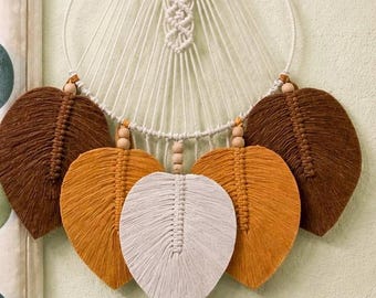 Handgemachte Makramee Blatt Wandbehang | Boho Baumwollkordel Dekor, neutrale Töne