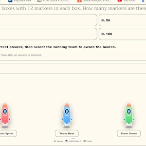 May include: Screenshot of an educational math game interface. The game presents a word problem with multiple-choice answers. Four colourful rocket ship icons are displayed below the question, labelled with team names.