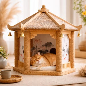May include: A decorative cat house in a pagoda style. The wooden structure features a patterned roof, rope-wrapped columns, and hanging bells. Inside, a ginger cat sleeps peacefully on a white cushion, with a floral-patterned backdrop.