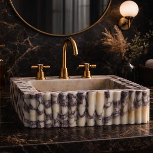 Handmade Calacatta Viola Marble Sink, Fluted Stone Vessel Basin