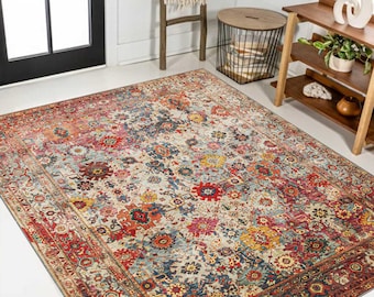 Beige Perserteppich, Vintage Blumenteppich, Waschbarer Orientteppich, Boho Teppich, Weicher Neutraler Teppich, Wohnzimmerteppich