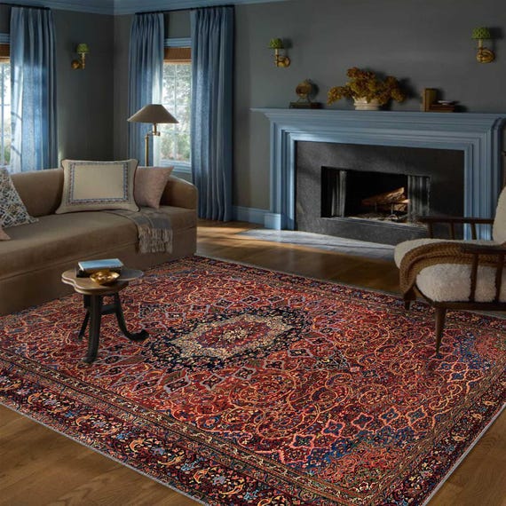 Washable Persian Style Rug Red Vintage Oriental Carpet Large Area Rug Traditional Medallion Living Room Decor Boho Home Accent