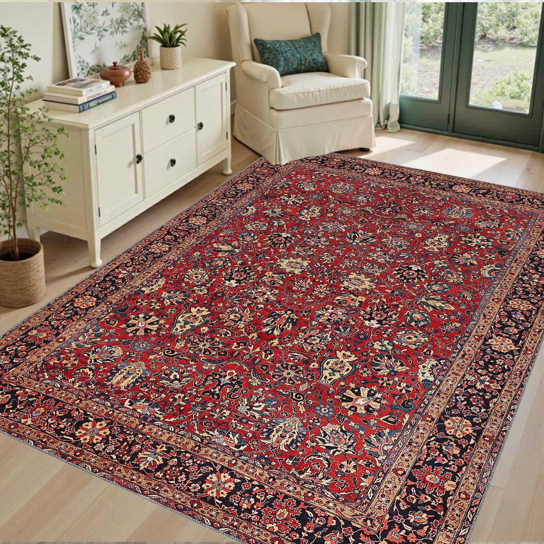 Red Persian Style Rug, Vintage Floral Oriental Carpet, Washable ...