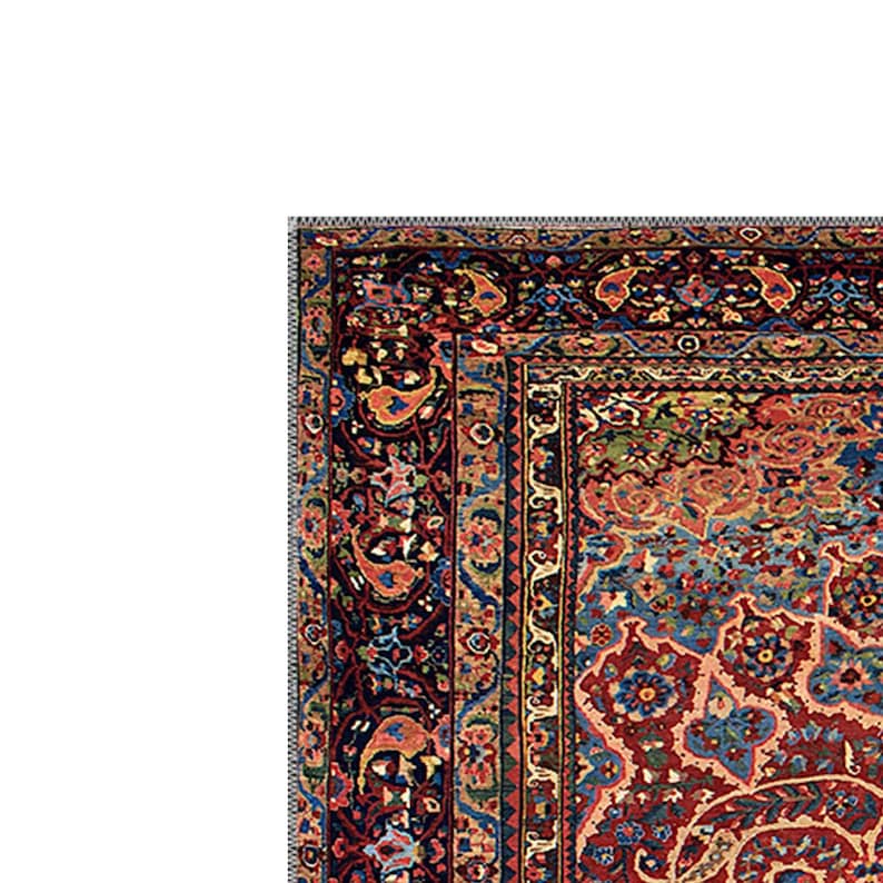 K&ouml;nnte beinhalten: Nahaufnahme eines Abschnitts eines kunstvollen, antiken Teppichs. Der Teppich weist ein komplexes Muster mit einer Farbpalette aus Dunkelrot, Marineblau und Gold auf. Aufwendige Blumen- und geometrische Designs sind sichtbar, wodurch ein reichhaltiges, strukturiertes Aussehen entsteht.