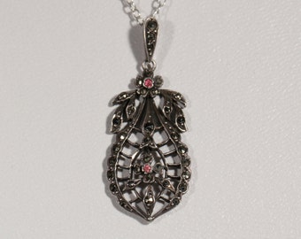 Antique Silver Pendant Necklace  Marcasites Floral Antique Victorian Jewelry