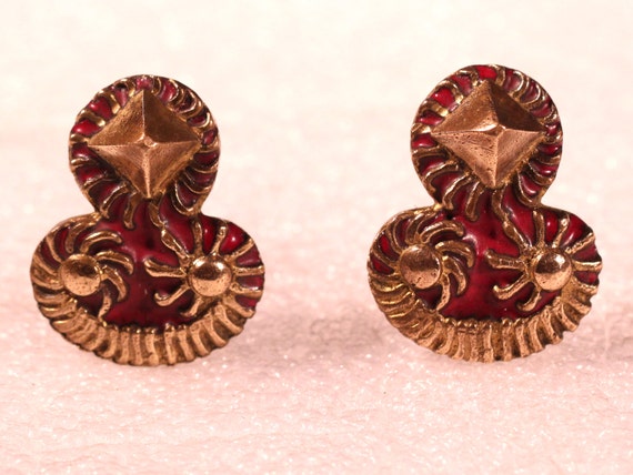 Vintage 50s Earrings Bronze Earrings Enamel Earrin