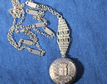 Antique Silver Plate Locket Necklace Large Locket ExtraLong Chain Necklace Souvenir Jewelry
