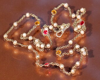 Art Deco Vermeil Necklace Long Necklace  Cultural Pearls Necklace Rhinestones Hook For Keys Or Watch 1920s French Jewelry Free Shipping