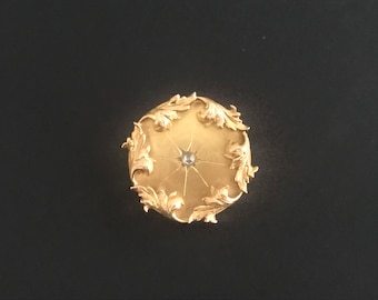 Victorian 18K Yellow Gold Brooch Diamond French Jewelry Stamped